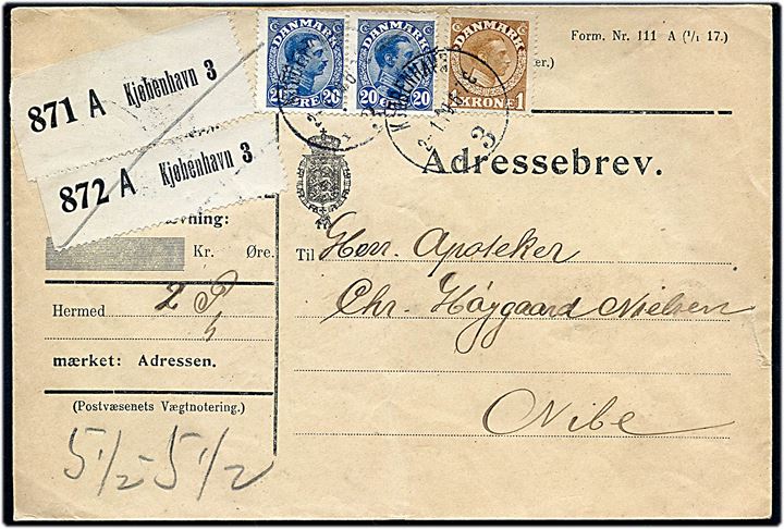 20 øre (par) og 1 kr. Chr. X på adressebrev for to pakker fra Kjøbenhavn d. 2.1.1919 til Nibe.