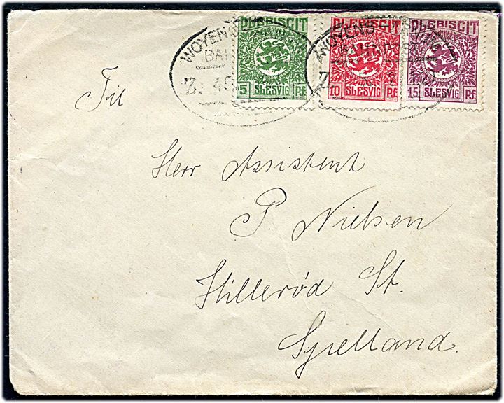 5 pfg., 10 pfg. og 15 pfg. Fælles udg. på brev fra Gramby annulleret med bureaustempel Woyens - Arnum Bahnpost Zug 45 d. 29.1.1920 til Hillerød, Danmark. 
