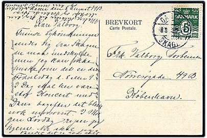 5 øre Bølgelinie på brevkort annulleret med vanskeligt brotype IIa Gammel Skagen d. 8.8.1913 til København.