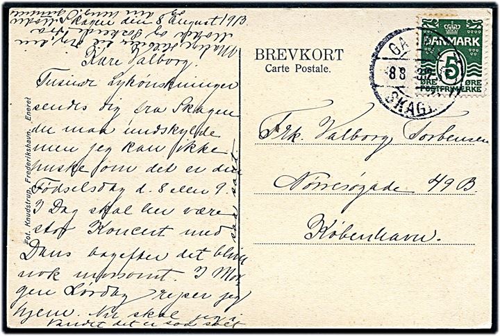 5 øre Bølgelinie på brevkort annulleret med vanskeligt brotype IIa Gammel Skagen d. 8.8.1913 til København.