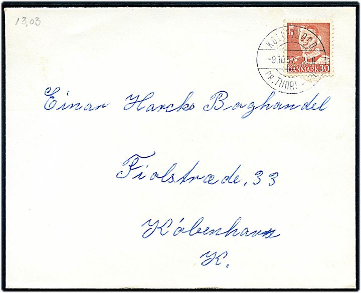 30 øre Fr. IX på brev annulleret med pr.-stempel Kollefjord pr. Thorshavn d. 9.10.1957 til København.