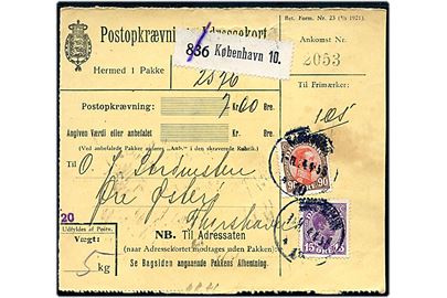 15 øre og 90 øre Chr. X på postopkrævnings-adressekort for pakke fra Kjøbenhavn d. 1.11.1924 til Øre, Østerø pr. Thorshavn, Færøerne. Påskrevet Løs og på bagsiden noteret at pakken kan afhentes på Øre Postudleveringssted. 