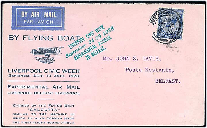 2½d George V på fortrykt luftpostbrev By Flying Boat sendt med Experimental Airmail  fra Liverpool d. 27.9.1928 til Belfast.