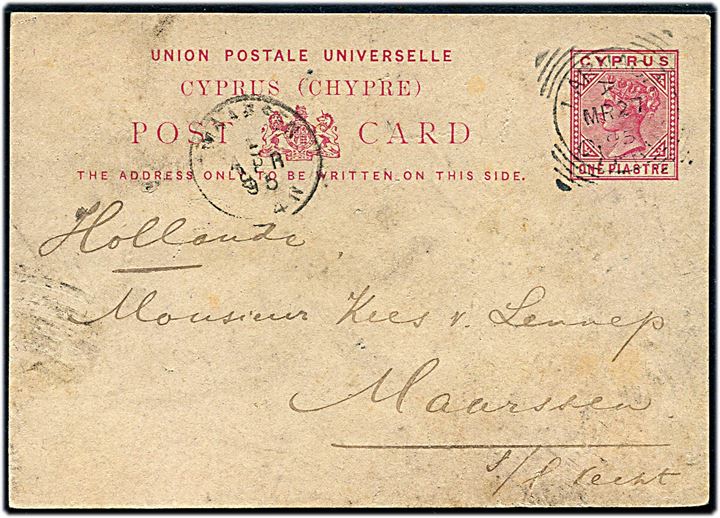 1 pia Victoria helsagsbrevkort fra Larnaca Cyprus d. 27.3.1895 til Maassen, Holland.