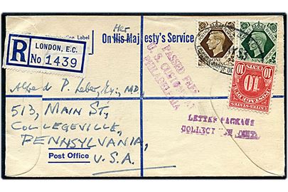 9d og 1 sh. George VI på anbefalet tjenestebrev fra London d. d. 22.5.1953 til Collegeville, USA. Underfrankeret med 10 cents amerikansk porto.