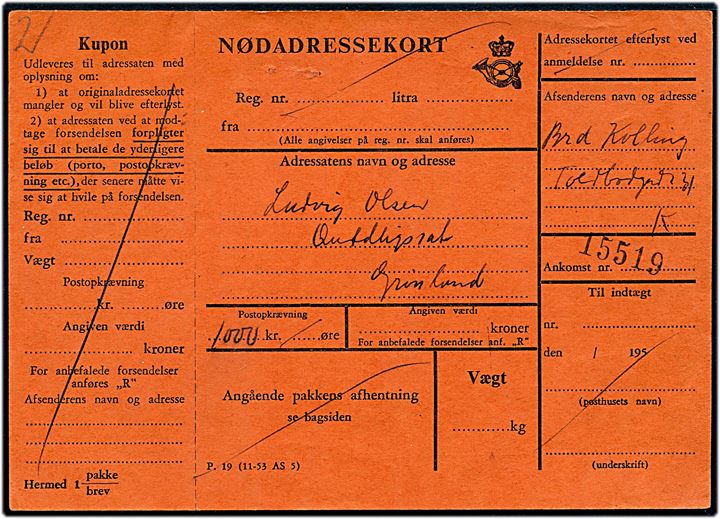 Nødadressekort P. 19 (11-53 AS 5) for pakke fra København i 1950'erne til Qutdligsat, Grønland.