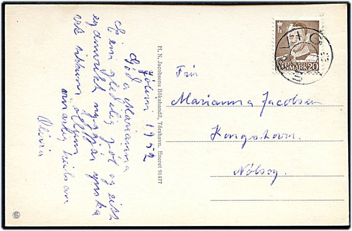 20 øre Fr. IX på julekort 1952 annulleret med udslebet stjernestempel LERVIG til Kongshavn på Nolsø.
