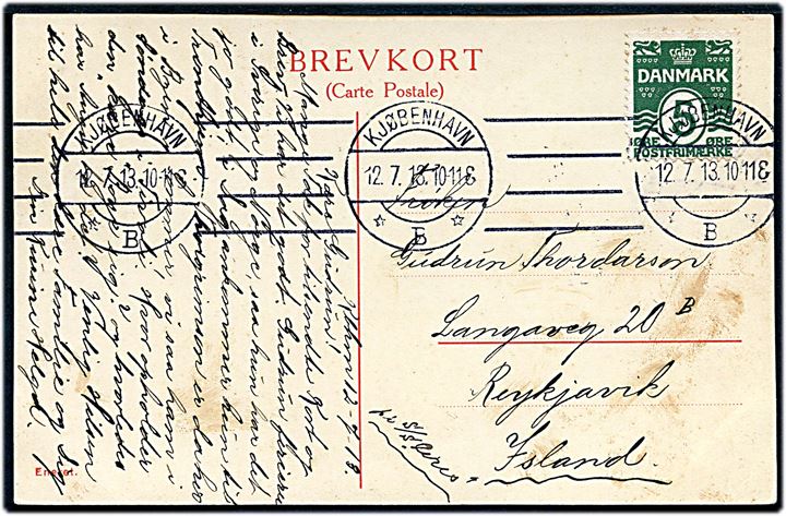 5 øre Bølgelinie på brevkort (Københavns banegård med damptog) fra Kjøbenhavn d. 12.7.1913 til Reykjavik, Island. Påskrevet: pr. S. S. Ceres.