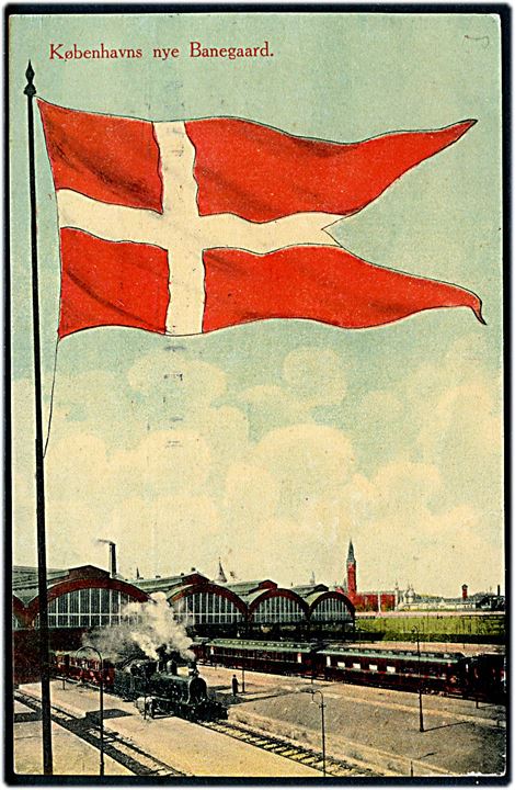 5 øre Bølgelinie på brevkort (Københavns banegård med damptog) fra Kjøbenhavn d. 12.7.1913 til Reykjavik, Island. Påskrevet: pr. S. S. Ceres.