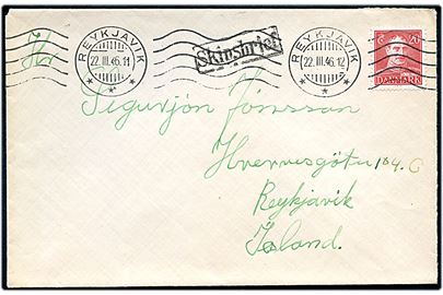 20 øre Chr. X på skibsbrev fra København annulleret med islandsk stempel i Reykjavik d. 22.3.1946 og sidestemplet Skipsbrjef til Reykjavik, Island.