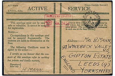 Ufrankeret britisk Honour Envelope med feltpoststempel Field Post Office 2 (= Reykjavik) d. 14.2.1942 til Leeds. Rødt unit censor stempel: Passed by censor no. 2434.