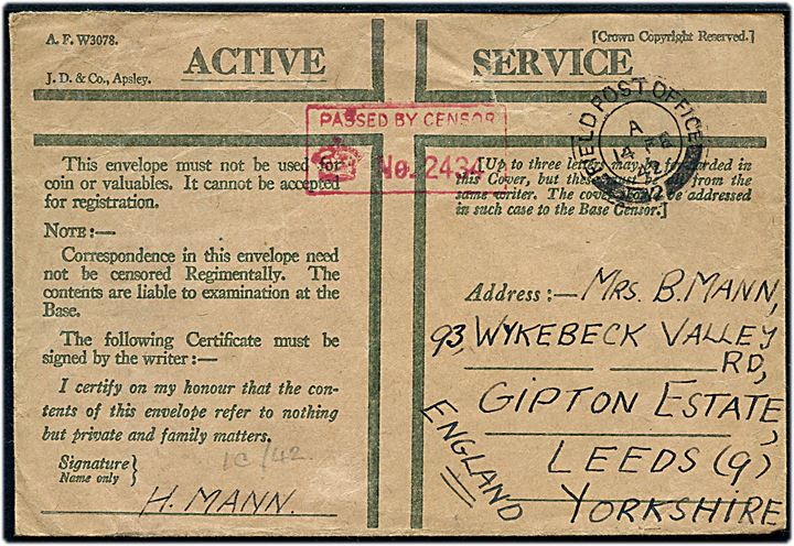 Ufrankeret britisk Honour Envelope med feltpoststempel Field Post Office 2 (= Reykjavik) d. 14.2.1942 til Leeds. Rødt unit censor stempel: Passed by censor no. 2434.