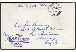 Ufrankeret OAS feltpostbrev med Royal Air Force feltpost stempel R.A.F. Post Office 001 (= Reykjavik) d. 14.12.1944 til England. Violet censur: R.A.F. Censor 290.