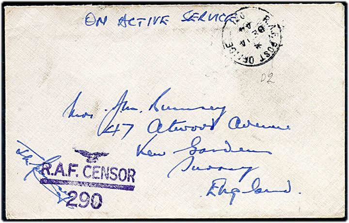 Ufrankeret OAS feltpostbrev med Royal Air Force feltpost stempel R.A.F. Post Office 001 (= Reykjavik) d. 14.12.1944 til England. Violet censur: R.A.F. Censor 290.