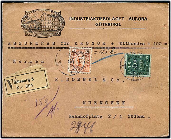 25 öre Gustaf (falmet) og 80 öre Posthorn på illustreret firmakuvert fra Industrieaktiebolaget Aurora sendt som værdibrev fra Göteborg d. 28.12.1922 til München, Tyskland.