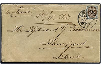 16 øre Tofarvet omv. rm. med kraftig defekt single på brev fra Kjøbenhavn d. 14.4.1898 påskrevet pr. Laura via Reykjavik d. 26.4.1898 til Havnefjord, Island.