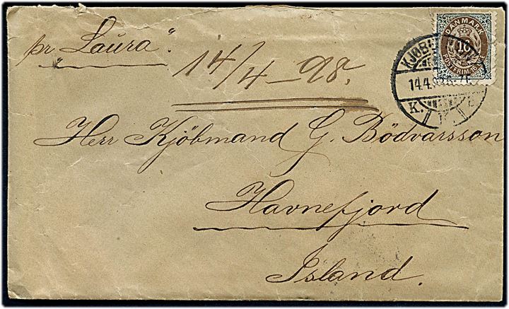 16 øre Tofarvet omv. rm. med kraftig defekt single på brev fra Kjøbenhavn d. 14.4.1898 påskrevet pr. Laura via Reykjavik d. 26.4.1898 til Havnefjord, Island.