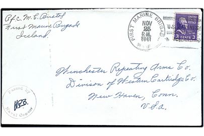 3 cents Jefferson på brev annulleret First Marine Brigade Provisional / U.S.Marines * Iceland * d. 25.11.1941 til New Haven, USA. Sort flåde censur: Passed by Naval Censor.