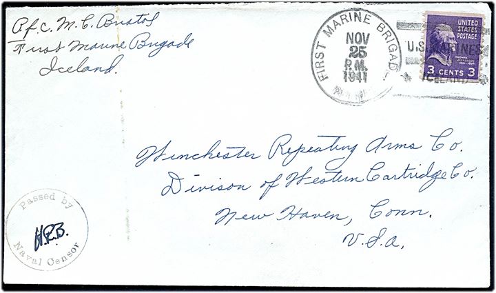 3 cents Jefferson på brev annulleret First Marine Brigade Provisional / U.S.Marines * Iceland * d. 25.11.1941 til New Haven, USA. Sort flåde censur: Passed by Naval Censor.
