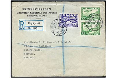 20 aur (par) og 25 aur Luftpost på anbefalet brev fra Reykjavik d. 27.10.1934 til Norwich, England.
