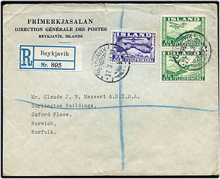 20 aur (par) og 25 aur Luftpost på anbefalet brev fra Reykjavik d. 27.10.1934 til Norwich, England.