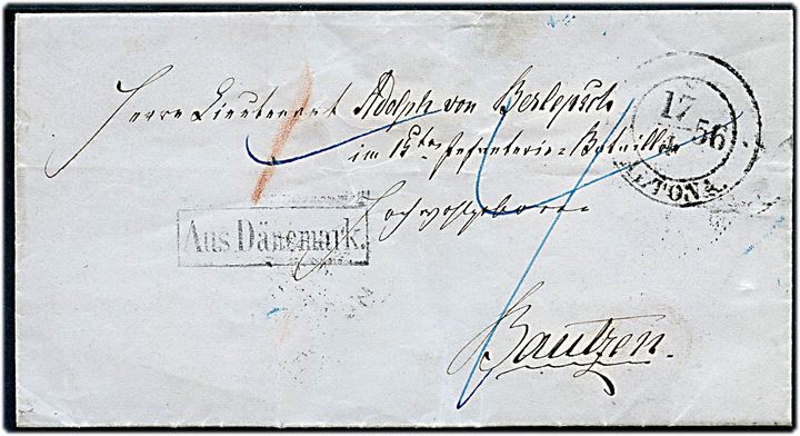 1856. Ufrankeret portobrev dateret St. Pauli med antiqua Altona d. 17.4.1856 og rammestempel Aus Dänemark via K.D.O.P.A. Hamburg og Hamburg til løjtnant ved 15. Infanteri Bataillon i Bautzen. Fuldt indhold.