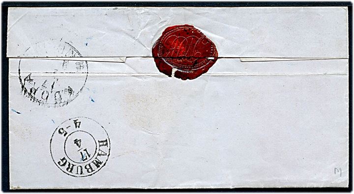 1856. Ufrankeret portobrev dateret St. Pauli med antiqua Altona d. 17.4.1856 og rammestempel Aus Dänemark via K.D.O.P.A. Hamburg og Hamburg til løjtnant ved 15. Infanteri Bataillon i Bautzen. Fuldt indhold.