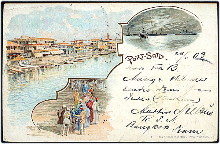 Fransk 10 c. Port Said udg. på brevkort (Parter fra Port Said) stemplet Port Said Egypte d. 30.11.1903 til Kjøbenhavn, Danmark.