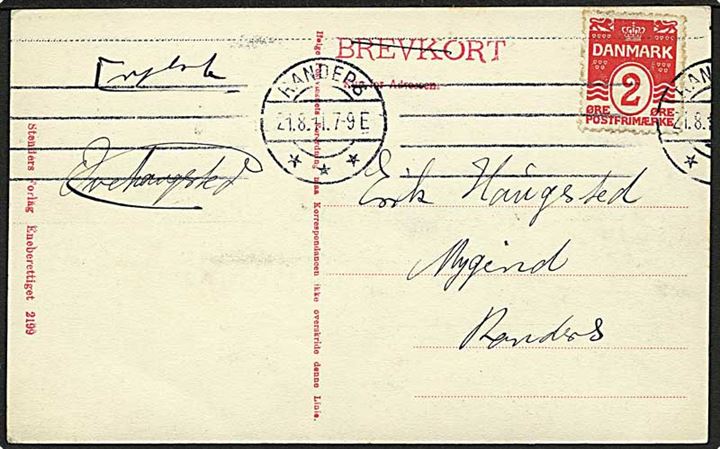 2 øre Bølgelinie på lokalt tryksags-brevkort i Randers d. 21.8.1911.
