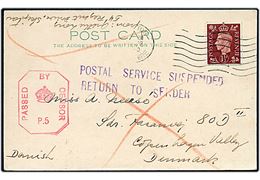 1½d George V på brevkort fra Skipton d. 3.4.1940 til København, Danmark. Britisk censur Passed by Censor P.5 og returneret med stempel: Postal Service Suspended / Return to Sender.