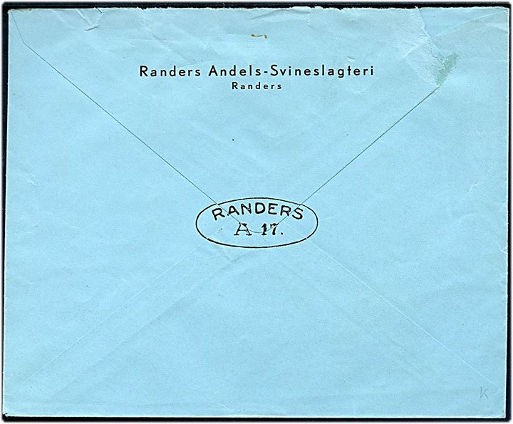 5 øre Bølgelinie og 25 øre Fr. IX på fortrykt kuvert fra Randers Andels-Svineslagteri annulleret med DSB fragtstempel Randers g 41 Rd g d. 10.9.1952 til Esbjerg.