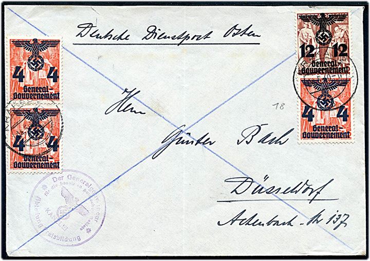 Generalgouvernement. 4 pfg./5 gr, (3) og 12 pfg./15 gr. Provisorium på brev fra Krakau d. 4.5.1940 til Düsseldorf, Tyskland. Påskrevet Deutsche Dienstpost Osten og violet briefstempel.