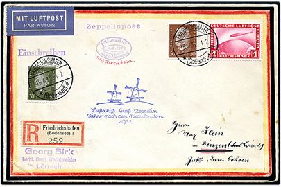 30 pfg. Ebert, 50 pfg. Hindenburg og 1 mk. Nordamerikafahrt på anbefalet Zeppelinpost brev fra Friedrichshafen d. 18.6.1932 til Binzen. Blåt flyvningsstempel: Luftschiff Graf Zeppelin Fahrt nach den Niederlanden 1932.