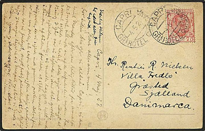 75 c. på brevkort annulleret med hotelstempel Capri Grd. Hotel Quisisana d. 4.5.1927 til Græsted, Danmark.