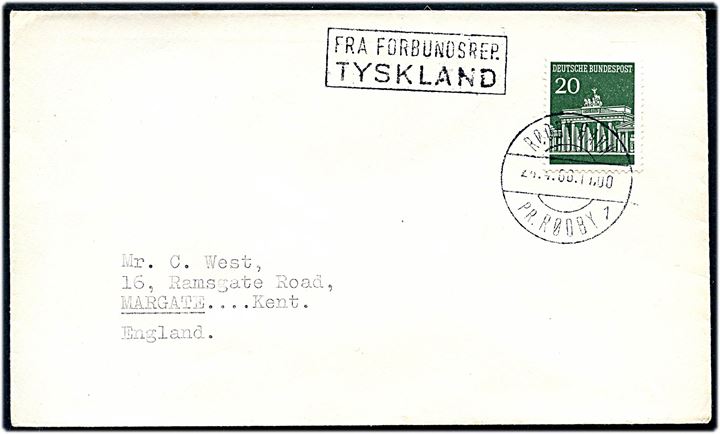 Tysk 20 pfg. Brandenburg Tor på skibsbrev annulleret med pr.-stempel Rødby Havn pr. Rødby sn1 d. 26.4.1966 og sidestemplet Fra Forbundsrep. Tyskland til Margate, England.