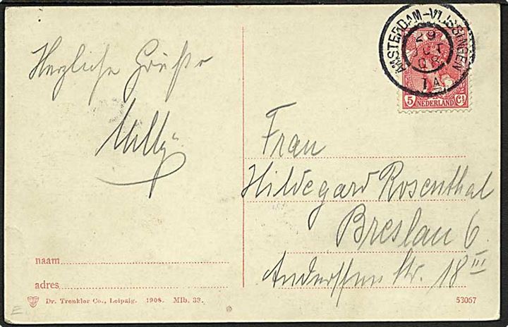 5 c. Wilhelmina på brevkort annulleret med bureaustempel Amsterdam - Vijssingen d. 29.10.1908 til Breslau, Tyskland.