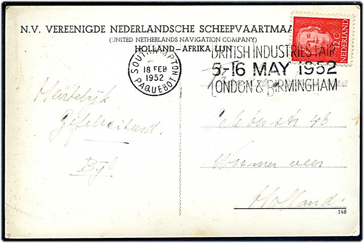 Klipfontein eller Oranjefontein, M/S, Holland - Afrika Linie. Frankeret med hollandsk 12 c. annulleret Southampton Paquebot / British Industries Fair d. 18.2.1952 til Holland.