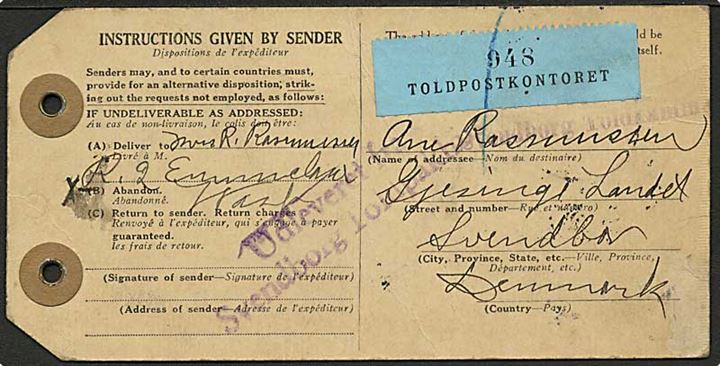 Amerikansk manila-mærke fra USA 1936 via København til Svendborg, Danmark. Påsat blå pakkeregistreringsetiket Toldpostkontoret.