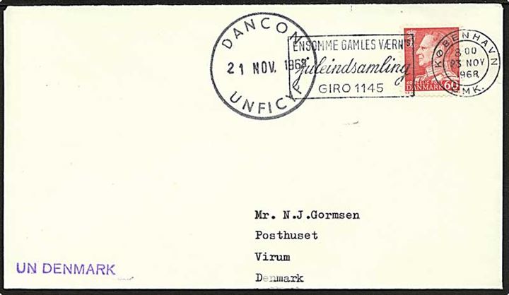 60 Fr. IX på brev stemplet København d. 23.11.1968 og sidestemplet DANCON / UNFICYP d. 21.11.1968 til Virum, Danmark. Afs.-stempel: UN Denmark..