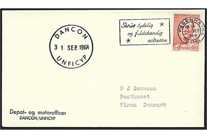 60 øre H.C.Sonne på brev stemplet København d. 14.9.1968 og sidestemplet DANCON UNFICYP d. 31.9.1968 (fejlindstillet for 13.9.1968) til Virum, Danmark. Afs.-stempel Depot- og motorofficer DANCON/UNFICYP.