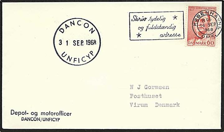 60 øre H.C.Sonne på brev stemplet København d. 14.9.1968 og sidestemplet DANCON UNFICYP d. 31.9.1968 (fejlindstillet for 13.9.1968) til Virum, Danmark. Afs.-stempel Depot- og motorofficer DANCON/UNFICYP.