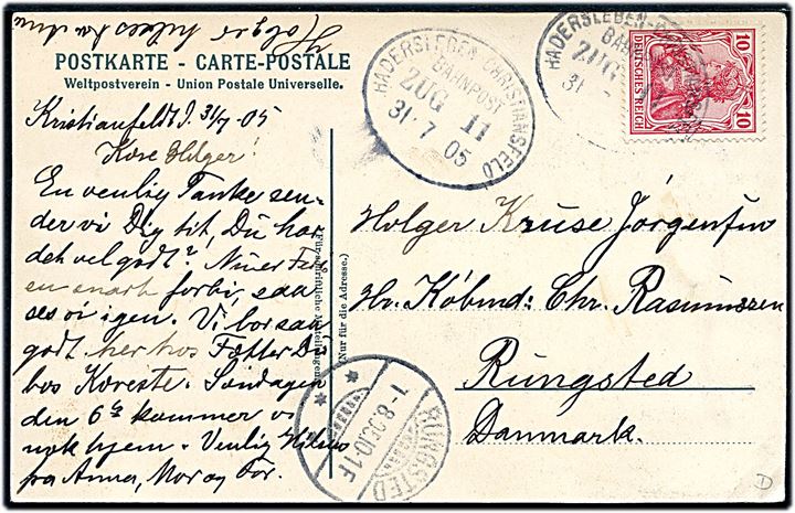 Christiansfeld, Hilsen fra Frej. U/no. Frankeret med 10 pfg. Germania annulleret bureau Hadersleben - Christiansfeld Bahnpost Zug 11 d. 31.7.1905.