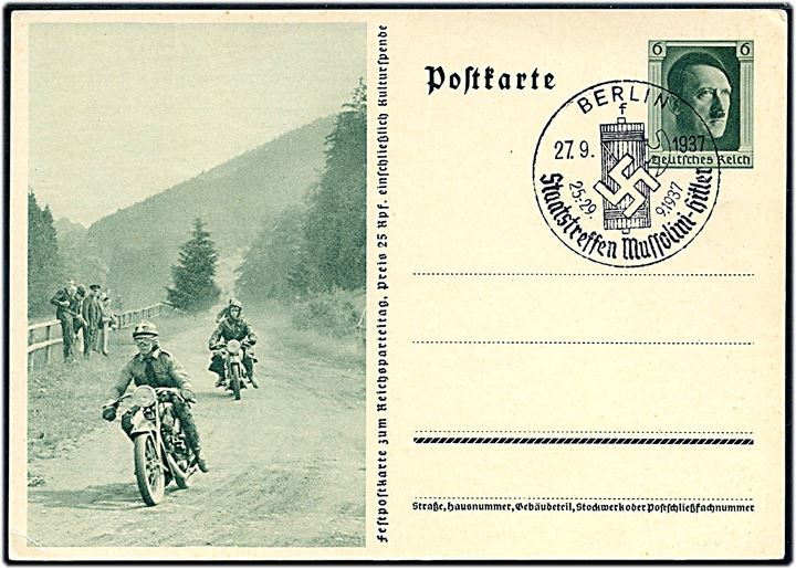 6 pfg. Hitler illustreret helsags-festpostkarte fra Reichsparteitag med motorcykler. Annulleret med særstempel Berlin Staatstreffen Mussolini-Hitler d. 27.9.1937.