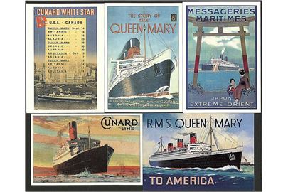 5 skibspostkort med bl.a. Queen Mary.