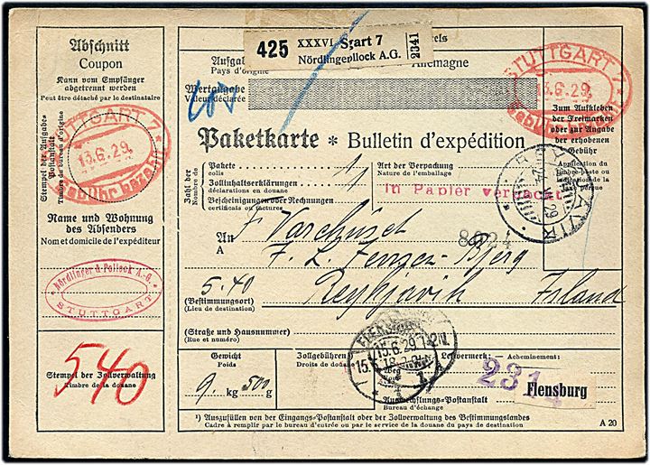 Gebühr bezahlt stempel på 540 pfg. internationalt adressekort for pakke fra Stuttgart d. 13.6.1929 via Flensburg og Kjøbenhavn til Reykjavik, Island. Ank.stemplet Reykjavik d. 24.6.1929.