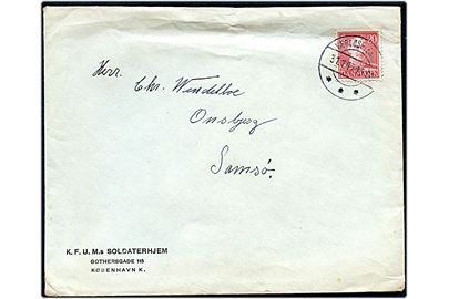 20 øre Chr. X på fortrykt kuvert fra K.F.U.M.s Soldaterhjem annulleret med vanskeligt brotype IId Værløselejren d. 31.1.1947 til Onsbjerg på Samsø. Sendt fra soldat ved 11. Bataillon.