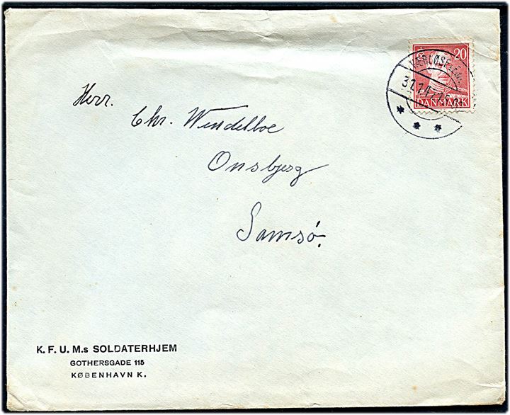 20 øre Chr. X på fortrykt kuvert fra K.F.U.M.s Soldaterhjem annulleret med vanskeligt brotype IId Værløselejren d. 31.1.1947 til Onsbjerg på Samsø. Sendt fra soldat ved 11. Bataillon.