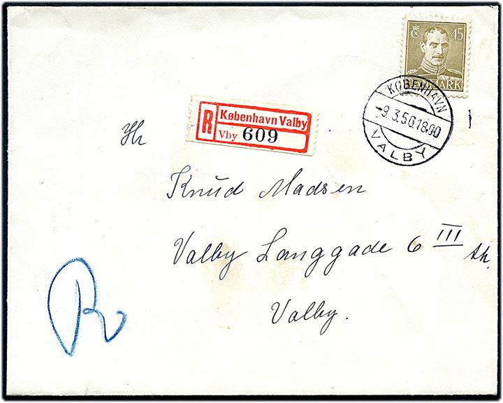 45 øre Chr. X single på lokalt anbefalet brev stemplet København Valby d. 9.3.1950.