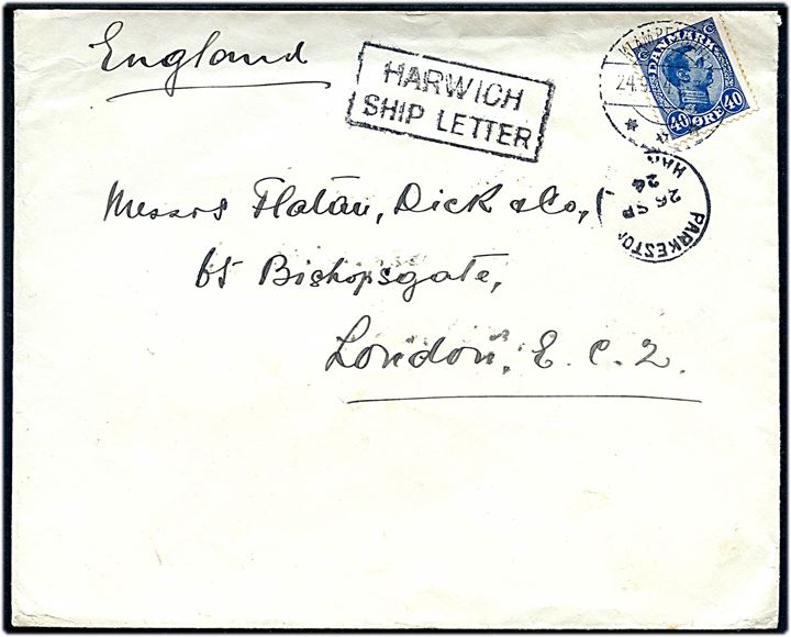 40 øre Chr. X single på brev fra Klampenborg d. 24.9.1924 til London, England. Transit stemplet Parkeston Harwich d. 25.9.1924 og Harwich Ship Letter. 