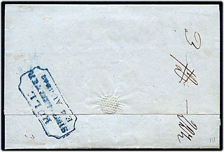 1848. Francobrev påskrevet prepaid og p. Rob Roy med indhold dateret Hull d. 4.8.1848 med blåt rammestempel Hull Ship Letter d.  4.8.1848 til Randers, Danmark. Flere portopåtegninger.